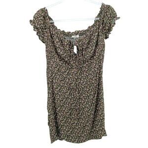 Blush J Olive Green Flaral Ribbed Mini Dress Womens LG Milkmaid Cottage Stretch